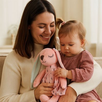 peluche-lapin-rose-bébé-maman